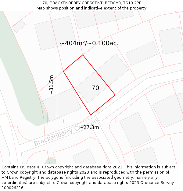 70, BRACKENBERRY CRESCENT, REDCAR, TS10 2PP: Plot and title map