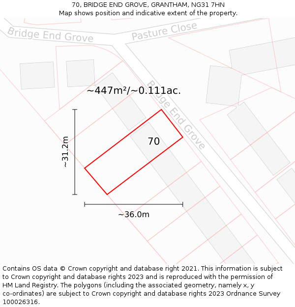 70, BRIDGE END GROVE, GRANTHAM, NG31 7HN: Plot and title map