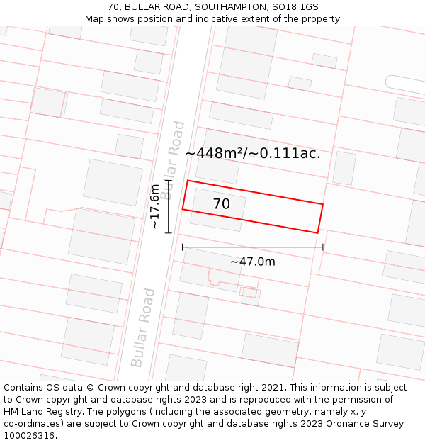 70, BULLAR ROAD, SOUTHAMPTON, SO18 1GS: Plot and title map