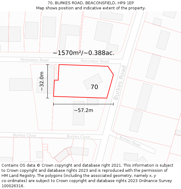 70, BURKES ROAD, BEACONSFIELD, HP9 1EP: Plot and title map