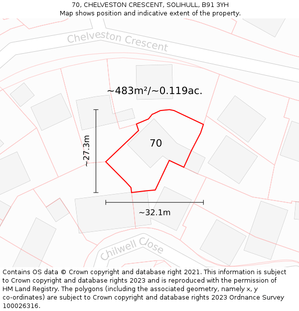 70, CHELVESTON CRESCENT, SOLIHULL, B91 3YH: Plot and title map