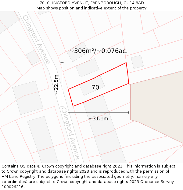 70, CHINGFORD AVENUE, FARNBOROUGH, GU14 8AD: Plot and title map