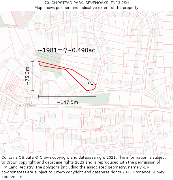 70, CHIPSTEAD PARK, SEVENOAKS, TN13 2SH: Plot and title map