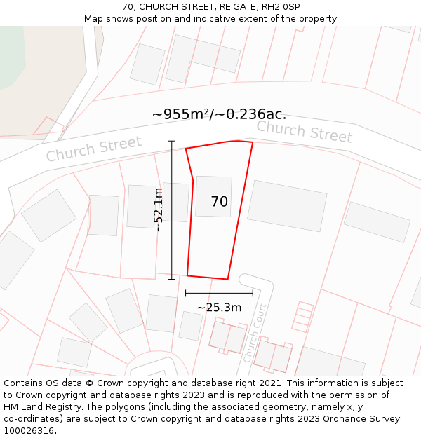 70, CHURCH STREET, REIGATE, RH2 0SP: Plot and title map