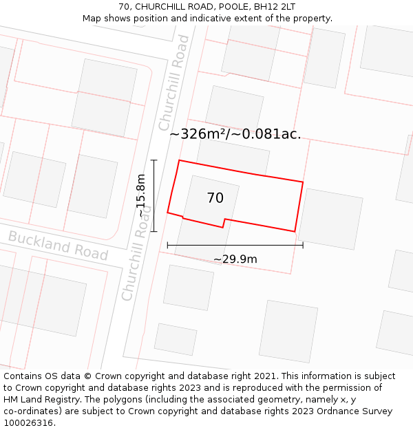 70, CHURCHILL ROAD, POOLE, BH12 2LT: Plot and title map