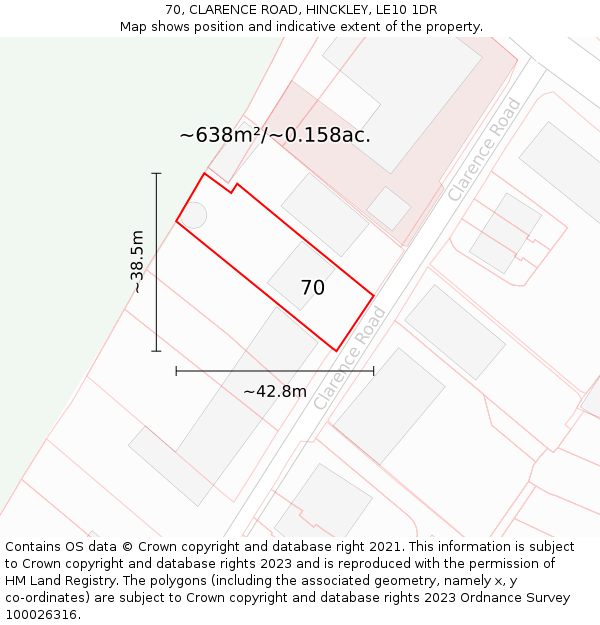 70, CLARENCE ROAD, HINCKLEY, LE10 1DR: Plot and title map