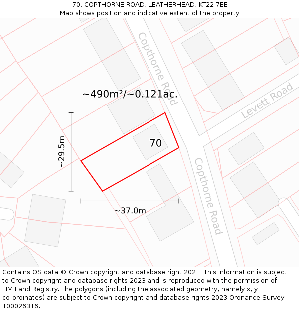 70, COPTHORNE ROAD, LEATHERHEAD, KT22 7EE: Plot and title map