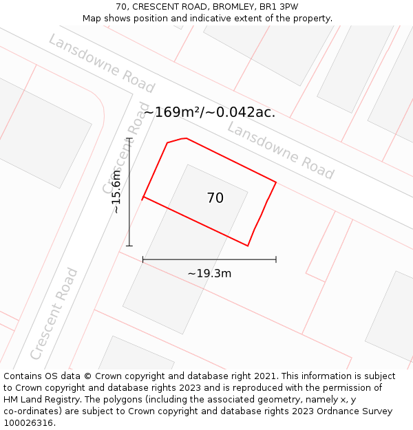 70, CRESCENT ROAD, BROMLEY, BR1 3PW: Plot and title map