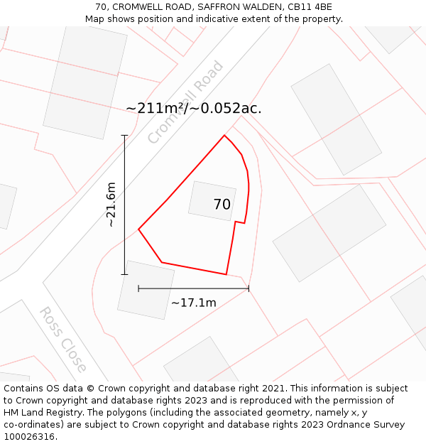 70, CROMWELL ROAD, SAFFRON WALDEN, CB11 4BE: Plot and title map