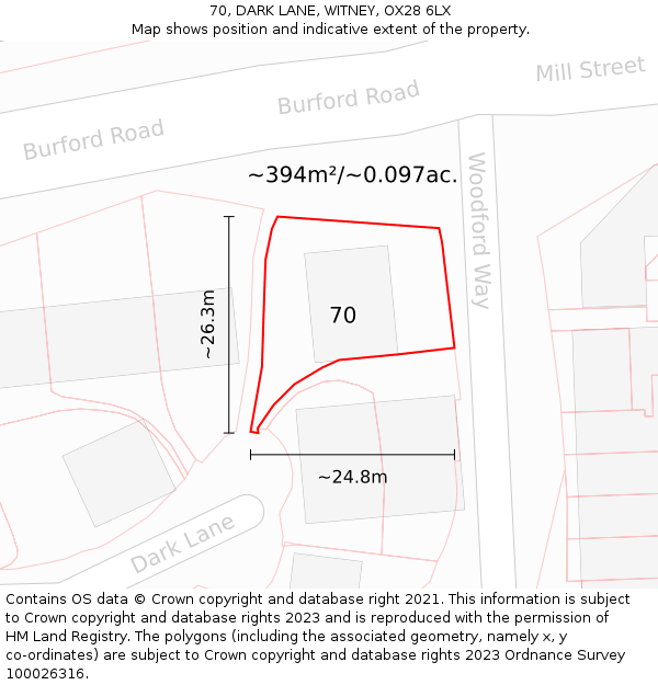 70, DARK LANE, WITNEY, OX28 6LX: Plot and title map