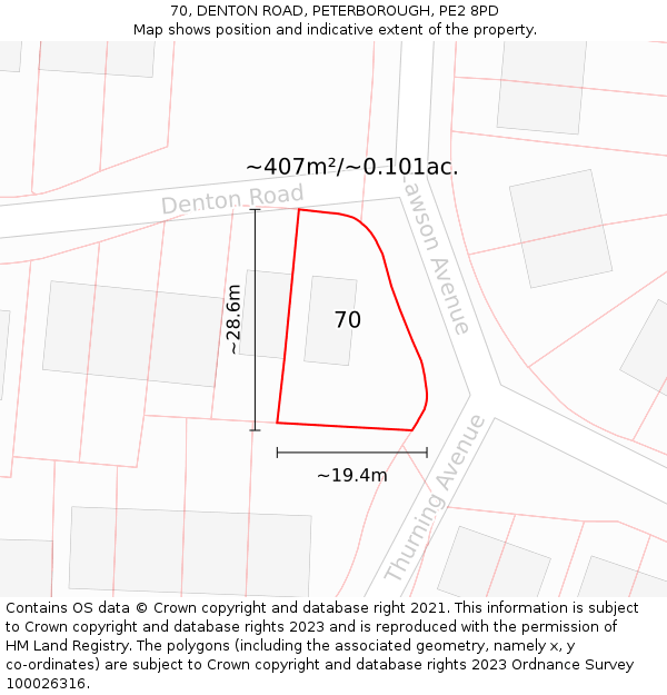 70, DENTON ROAD, PETERBOROUGH, PE2 8PD: Plot and title map
