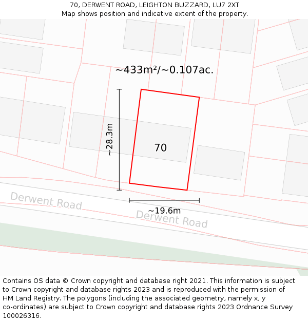 70, DERWENT ROAD, LEIGHTON BUZZARD, LU7 2XT: Plot and title map