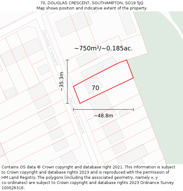 70, DOUGLAS CRESCENT, SOUTHAMPTON, SO19 5JQ: Plot and title map