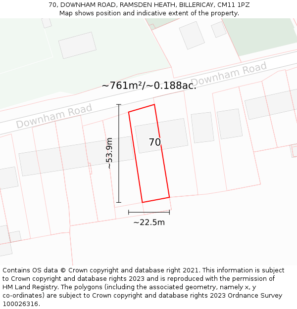 70, DOWNHAM ROAD, RAMSDEN HEATH, BILLERICAY, CM11 1PZ: Plot and title map