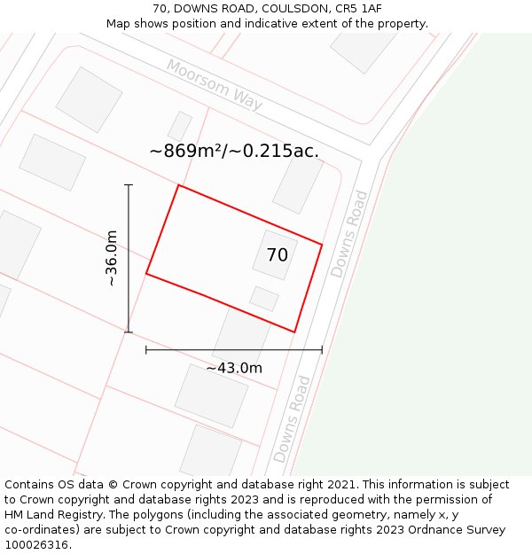 70, DOWNS ROAD, COULSDON, CR5 1AF: Plot and title map