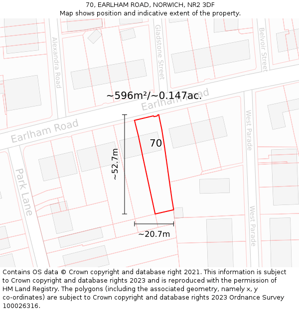 70, EARLHAM ROAD, NORWICH, NR2 3DF: Plot and title map