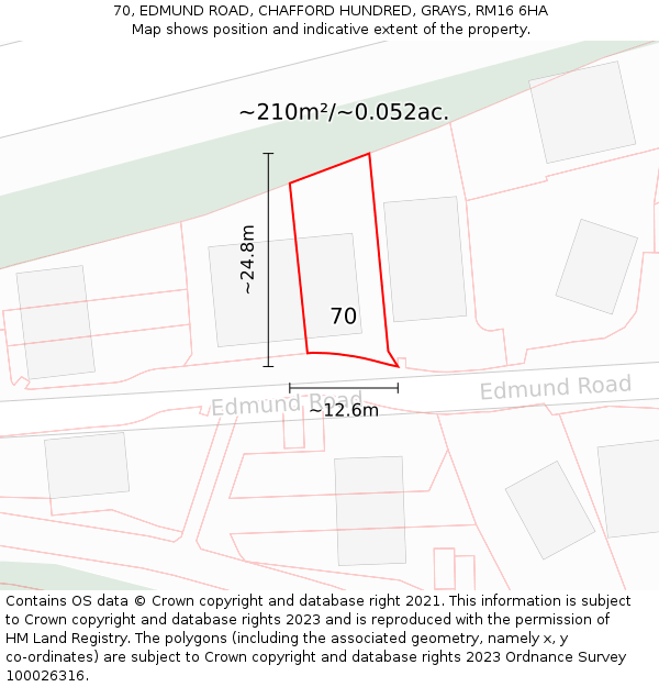 70, EDMUND ROAD, CHAFFORD HUNDRED, GRAYS, RM16 6HA: Plot and title map