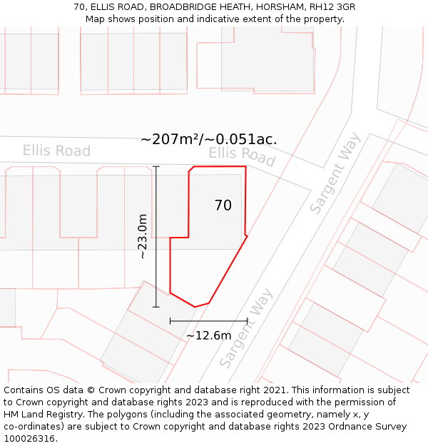 70, ELLIS ROAD, BROADBRIDGE HEATH, HORSHAM, RH12 3GR: Plot and title map