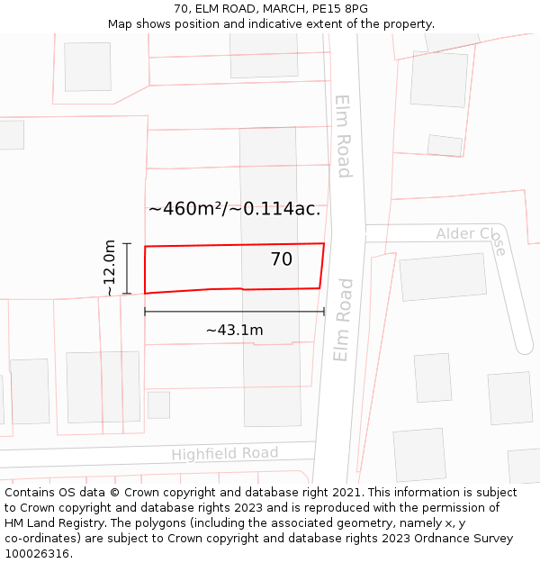 70, ELM ROAD, MARCH, PE15 8PG: Plot and title map