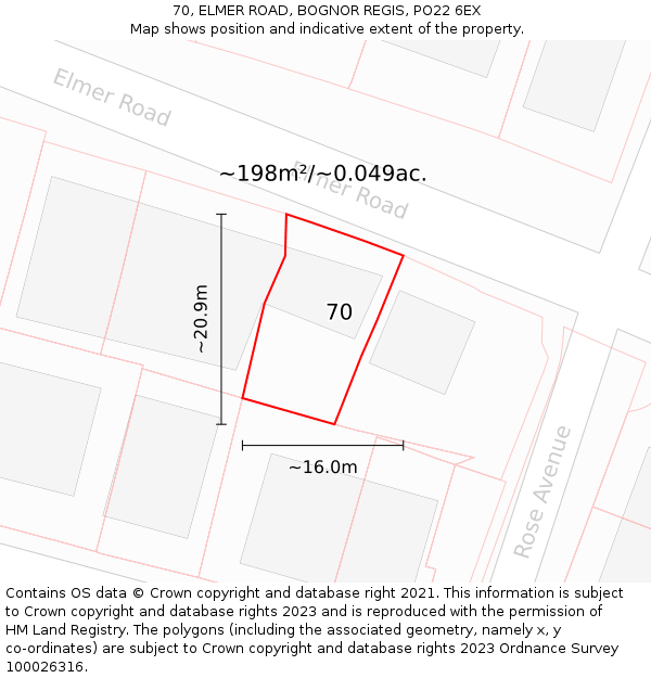 70, ELMER ROAD, BOGNOR REGIS, PO22 6EX: Plot and title map