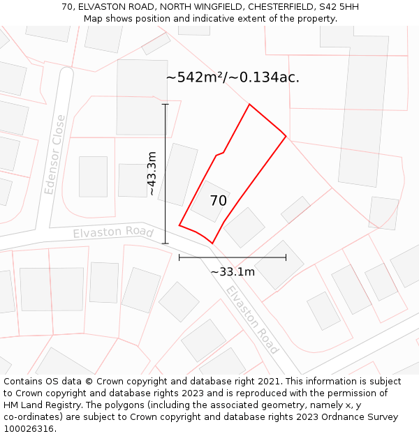 70, ELVASTON ROAD, NORTH WINGFIELD, CHESTERFIELD, S42 5HH: Plot and title map