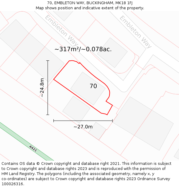 70, EMBLETON WAY, BUCKINGHAM, MK18 1FJ: Plot and title map