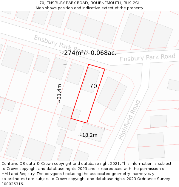 70, ENSBURY PARK ROAD, BOURNEMOUTH, BH9 2SL: Plot and title map