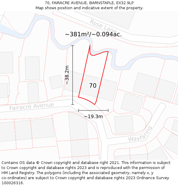 70, FAIRACRE AVENUE, BARNSTAPLE, EX32 9LP: Plot and title map