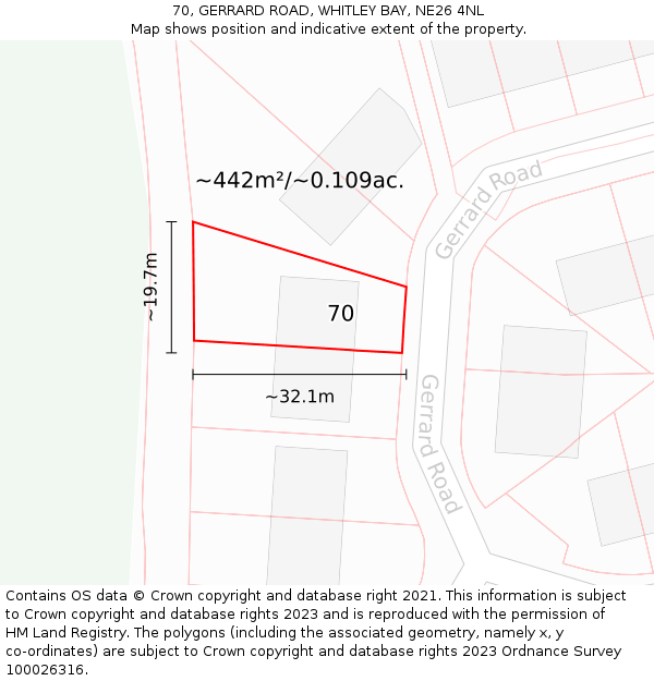 70, GERRARD ROAD, WHITLEY BAY, NE26 4NL: Plot and title map