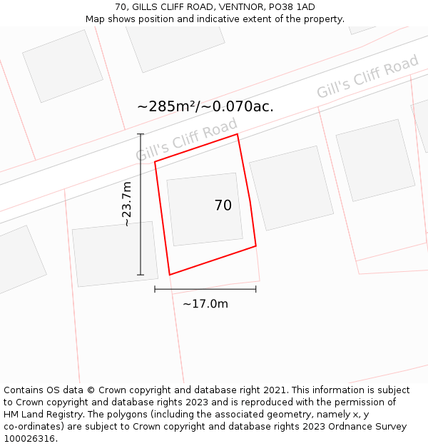 70, GILLS CLIFF ROAD, VENTNOR, PO38 1AD: Plot and title map