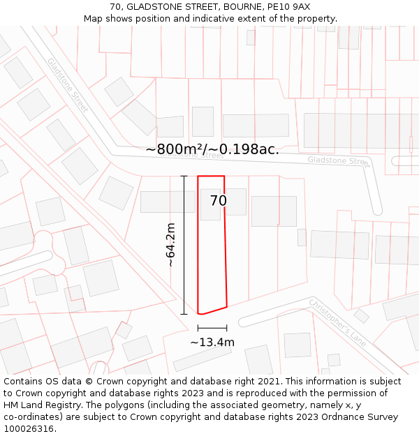 70, GLADSTONE STREET, BOURNE, PE10 9AX: Plot and title map