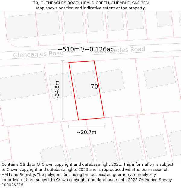 70, GLENEAGLES ROAD, HEALD GREEN, CHEADLE, SK8 3EN: Plot and title map