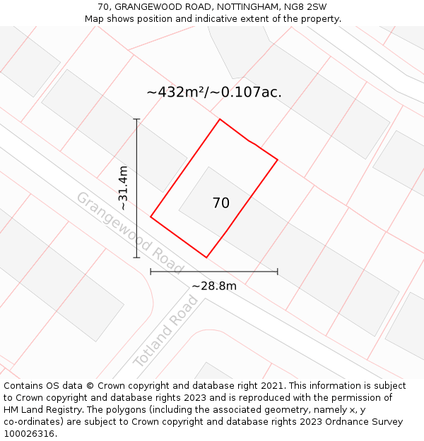 70, GRANGEWOOD ROAD, NOTTINGHAM, NG8 2SW: Plot and title map