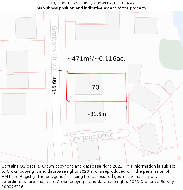 70, GRATTONS DRIVE, CRAWLEY, RH10 3AG: Plot and title map