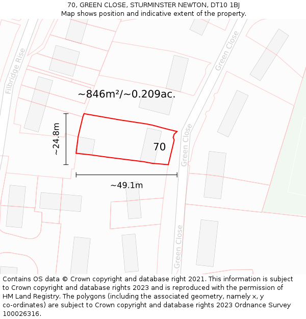 70, GREEN CLOSE, STURMINSTER NEWTON, DT10 1BJ: Plot and title map