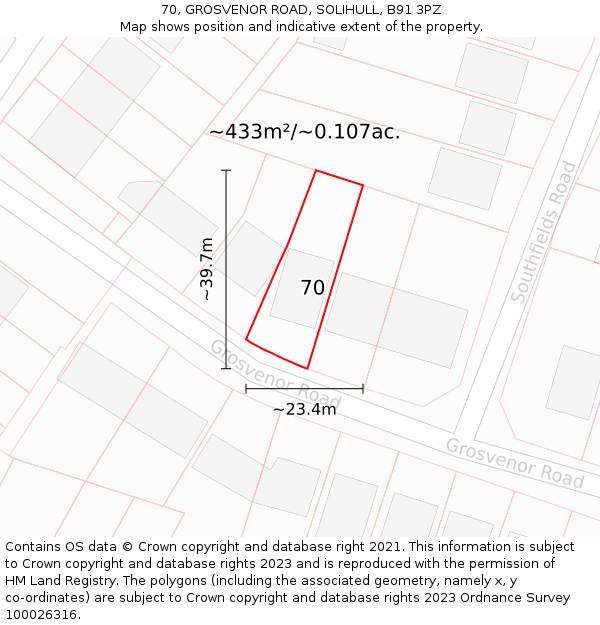 70, GROSVENOR ROAD, SOLIHULL, B91 3PZ: Plot and title map