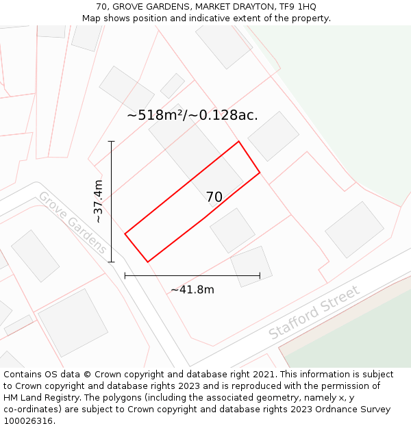 70, GROVE GARDENS, MARKET DRAYTON, TF9 1HQ: Plot and title map