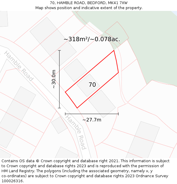 70, HAMBLE ROAD, BEDFORD, MK41 7XW: Plot and title map