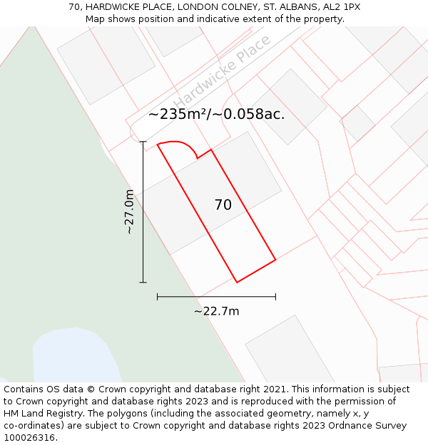 70, HARDWICKE PLACE, LONDON COLNEY, ST. ALBANS, AL2 1PX: Plot and title map