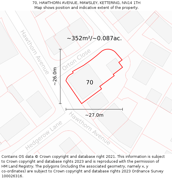 70, HAWTHORN AVENUE, MAWSLEY, KETTERING, NN14 1TH: Plot and title map