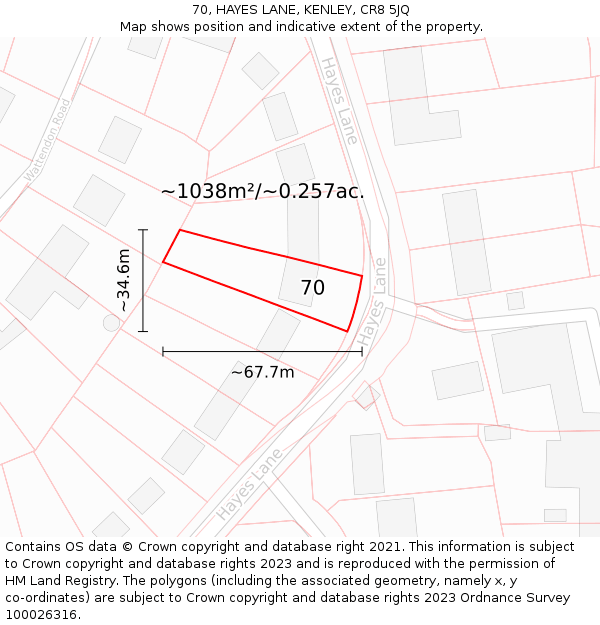 70, HAYES LANE, KENLEY, CR8 5JQ: Plot and title map