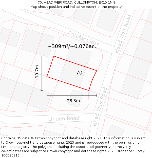 70, HEAD WEIR ROAD, CULLOMPTON, EX15 1NN: Plot and title map