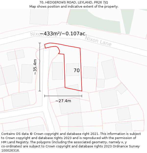 70, HEDGEROWS ROAD, LEYLAND, PR26 7JQ: Plot and title map