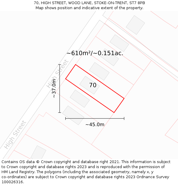 70, HIGH STREET, WOOD LANE, STOKE-ON-TRENT, ST7 8PB: Plot and title map