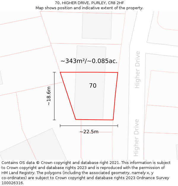 70, HIGHER DRIVE, PURLEY, CR8 2HF: Plot and title map
