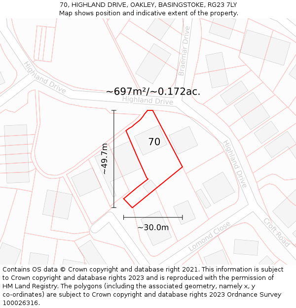 70, HIGHLAND DRIVE, OAKLEY, BASINGSTOKE, RG23 7LY: Plot and title map