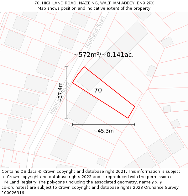 70, HIGHLAND ROAD, NAZEING, WALTHAM ABBEY, EN9 2PX: Plot and title map