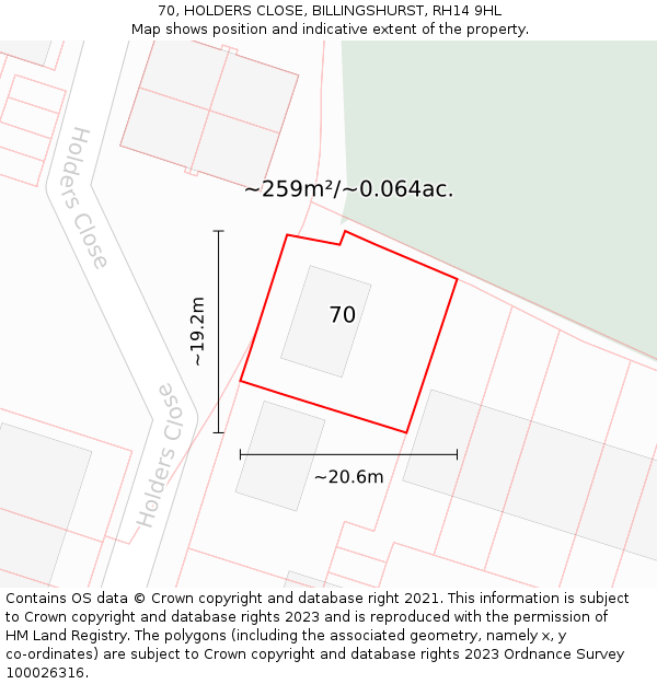 70, HOLDERS CLOSE, BILLINGSHURST, RH14 9HL: Plot and title map