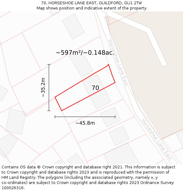 70, HORSESHOE LANE EAST, GUILDFORD, GU1 2TW: Plot and title map