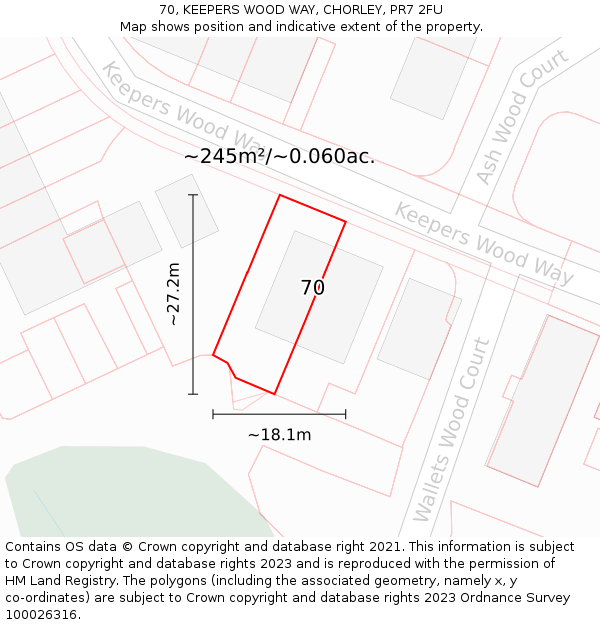 70, KEEPERS WOOD WAY, CHORLEY, PR7 2FU: Plot and title map